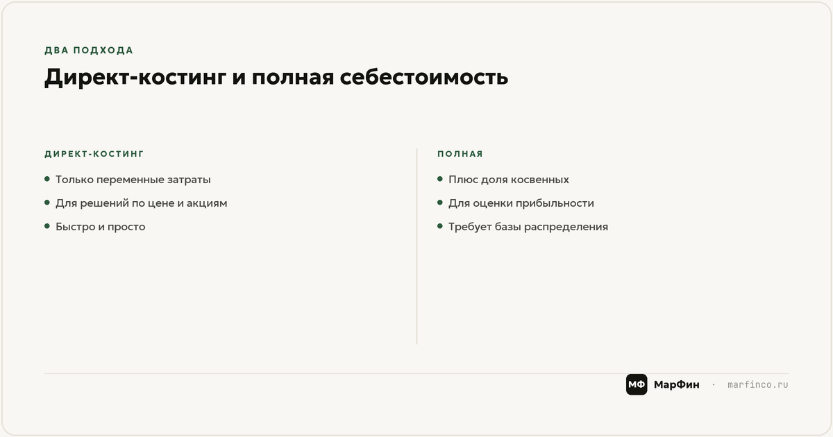 Виды затрат: прямые, косвенные, переменные, постоянные